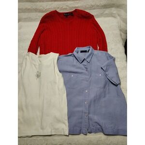 LOT Women L Wainscott cable knit v-neck sweater, Crazy Horse Petite Blouse, Tie